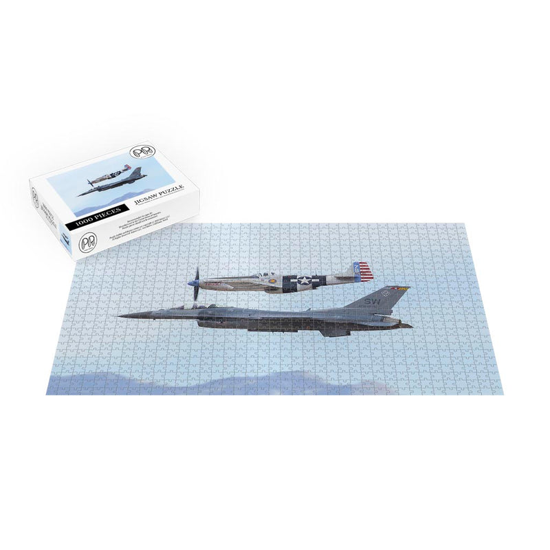 A P-51 Mustang and an F-16D Fighting Falcon Perform An Aerial Maneuver At Davis-Monthan Air Force Base, AZ Jigsaw Puzzle