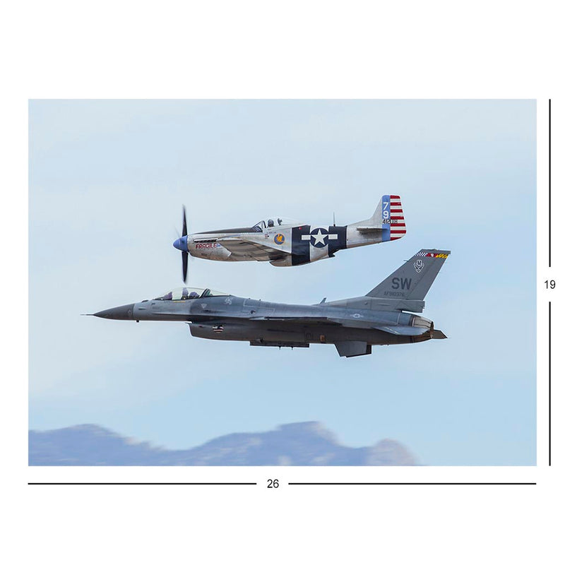 A P-51 Mustang and an F-16D Fighting Falcon Perform An Aerial Maneuver At Davis-Monthan Air Force Base, AZ Jigsaw Puzzle