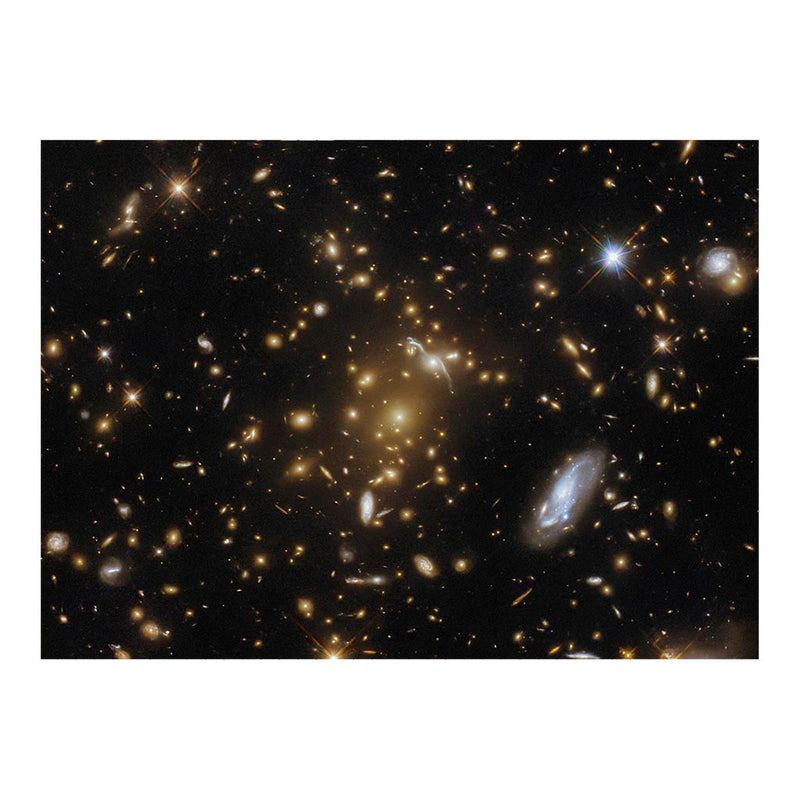 Hubble Telescope Image of Gravitational Lensing by a Vast Galaxy Cluster Jigsaw Puzzle