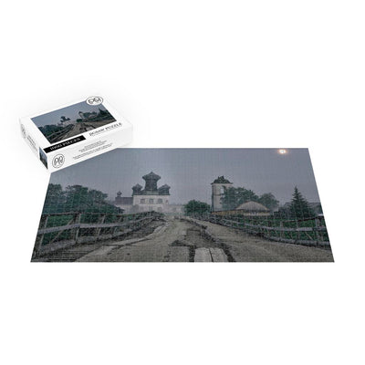 Old wooden bridge and Paraskeva Pyatnitsa Church in Leshino, Russia Jigsaw Puzzle