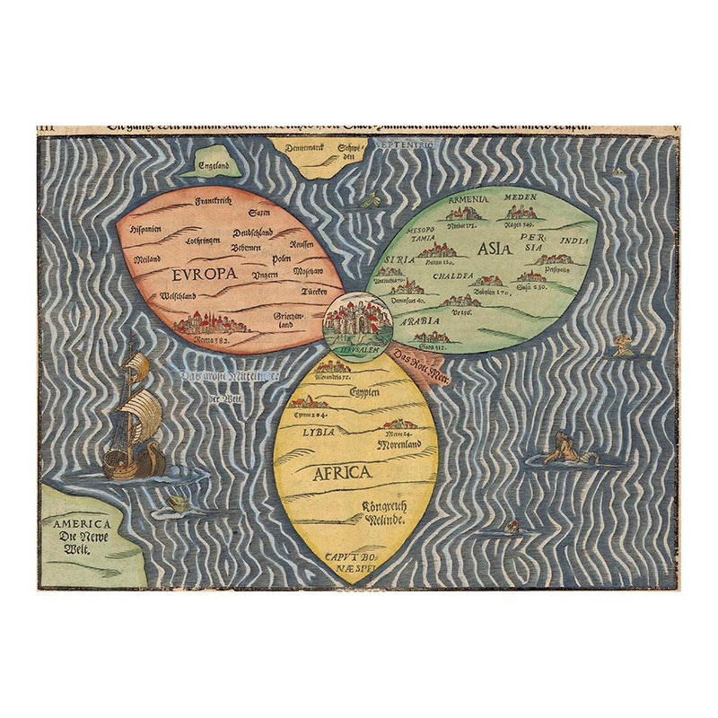 Stylized Cloverleaf World Map, 1581 printed in Magdeburg, Drawn by Heinrich Bunting. Jigsaw Puzzle