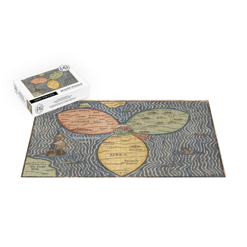 Stylized Cloverleaf World Map, 1581 printed in Magdeburg, Drawn by Heinrich Bunting. Jigsaw Puzzle