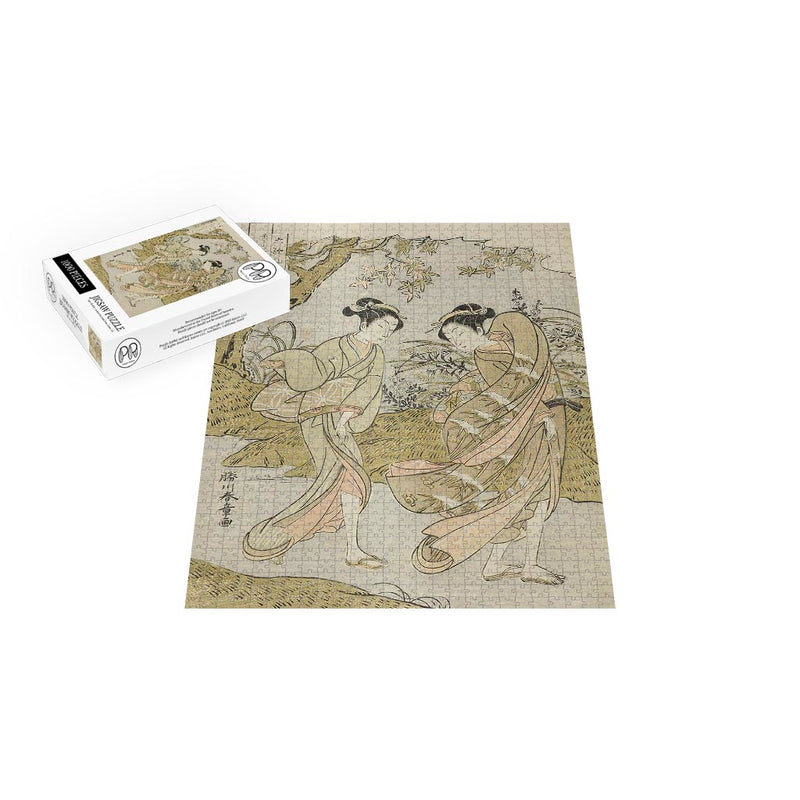 Two Women in a Gusty Autumn Landscape Wood Block Jigsaw Puzzle